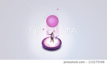 Contemporary art collage. Man stands at bright point and analyzes data, diagrams with floating sphere on top against gradient background. 113273598