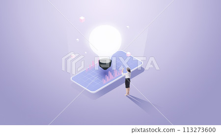 Contemporary art collage. Businesswoman looking at bright light bulb above mobile phone with analytical data against gradient background. 113273600