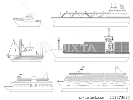 Line drawing illustration set of various ships 113273683