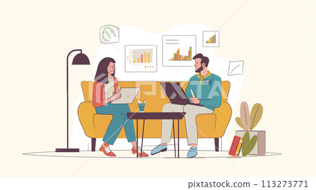 Flat depiction of a friendly financial advisor consultation scene, with charts and digital tools 113273771