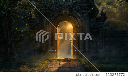 Majestic 3D doorway at the heart of an enchanted castle, aglow with mystery Majestic 3D doorway at the heart of an enchanted castle, aglow with mystery 113273772