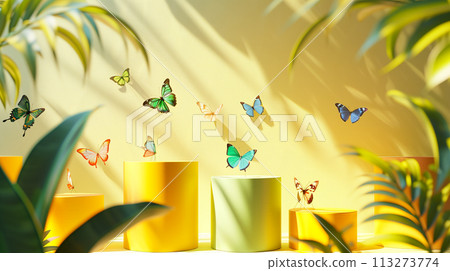 Minimalist yet vibrant product display podium, surrounded by lively, colorful butterflies, a true representation of spring's beauty, under perfect lighting conditions Minimalist yet vibrant product display podium, surrounded by lively, colorful butterflies, a true representation of spring's beauty, under perfect lighting conditions 113273774