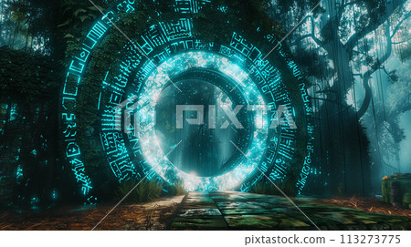 Mystical 3D portal framed by ancient runes, in a vibrant, unearthly realm 113273775