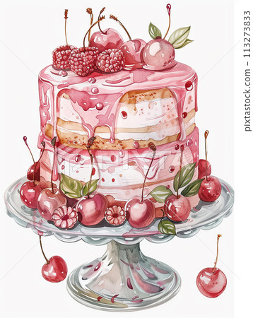 Mother's Day watercolor cake, celebration theme, detailed and sweet, with space for greetings. 113273833