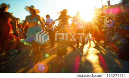 Vibrant street festival, Cinco de Mayo, lively dancers, wide angle, warm sunset hues, digital art, Vibrant street festival, Cinco de Mayo, lively dancers, wide angle, warm sunset hues, digital art, 113273851