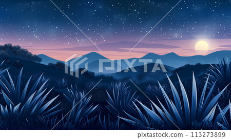A creative backdrop of a Mexican landscape, featuring agave plants and distant mountains under a starlit sky, designed with a blank area for text along the lower third 113273899