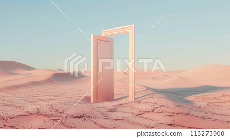 A door in a surreal, minimal desert opens to a vibrant, fantasy oasis mirage 113273900