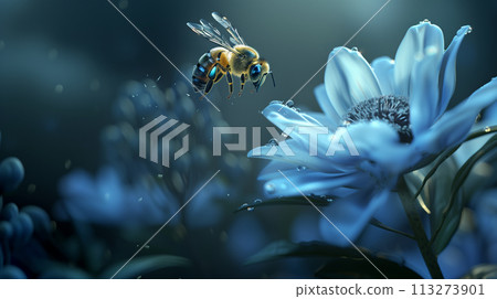 A futuristic 3D concept of a bee equipped with tiny, robotic enhancements, flying over a digitally inspired flower, representing the intersection of nature and technology, against a sleek background 113273901
