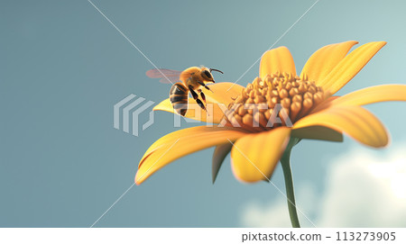 A minimalist 3D scene with a close-up of a bee pollinating a large, abstract flower, emphasizing the beauty and simplicity of the act, set against a clean, uncluttered sky-blue background 113273905