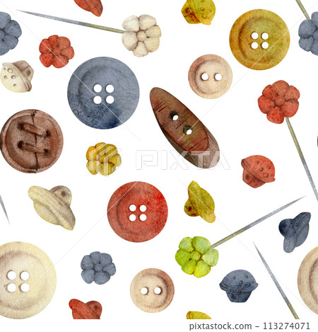 Hand drawn watercolor illustration sewing craft supplies. Plastic wooden flat round buttons fasteners. Seamless pattern, wallpaper isolated on white background. Design atelier, tailor, hobby shop Hand drawn watercolor illustration sewing craft supplies. Plastic wooden flat round buttons fasteners. Seamless pattern, wallpaper isolated on white background. Design atelier, tailor, hobby shop 113274071