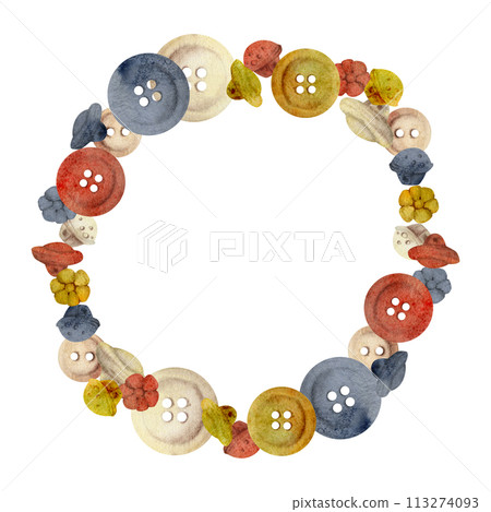 Hand drawn watercolor illustration sewing craft supplies. Wooden plastic buttons for clothes, decoration. Frame wreath isolated white background. Design atelier, tailor, hobby shop, fashion boutique 113274093