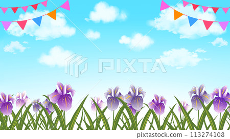 鳶尾花、藍天和花環背景 兒童節 16:9 113274108