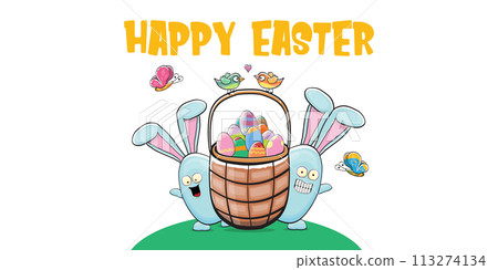 Happy easter greeting card with cute cartoon blue rabbit holding easter basket with stack of colorful eggs. Easter egg hunt hand drawn concept illustration banner. Happy easter greeting card with cute cartoon blue rabbit holding easter basket with stack of colorful eggs. Easter egg hunt hand drawn concept illustration banner. 113274134