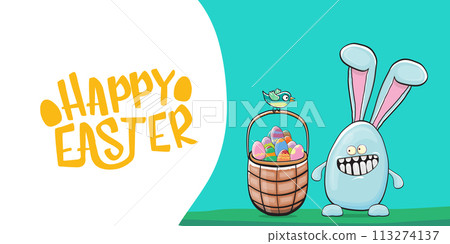 Happy easter greeting card with cute cartoon blue rabbit holding easter basket with stack of colorful eggs. Easter egg hunt hand drawn concept illustration banner. 113274137