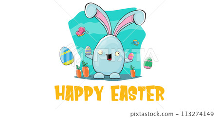 Happy easter greeting card with funny cartoon smiling blue bunny isolated on white. Easter hand drawn banner or poster with funky rabbit. Happy easter greeting card with funny cartoon smiling blue bunny isolated on white. Easter hand drawn banner or poster with funky rabbit. 113274149