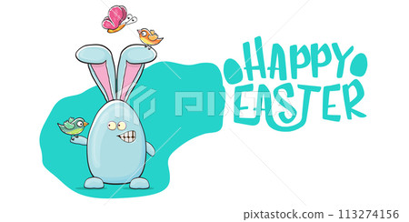 Happy easter greeting card with funny cartoon smiling blue bunny isolated on white. Easter hand drawn banner or poster with funky rabbit. 113274156