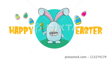 Happy easter greeting card with funny cartoon smiling blue bunny isolated on white. Easter hand drawn banner or poster with funky rabbit. Happy easter greeting card with funny cartoon smiling blue bunny isolated on white. Easter hand drawn banner or poster with funky rabbit. 113274179