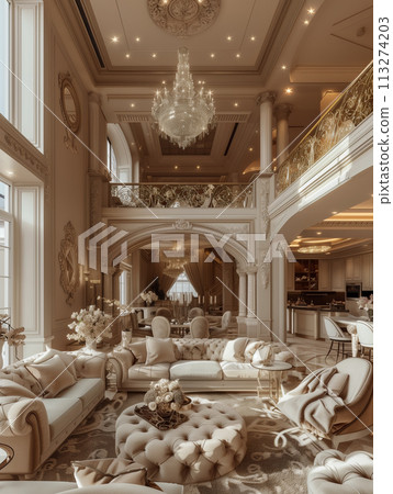 Double space living room in vintage style interior. By generative Ai 113274203