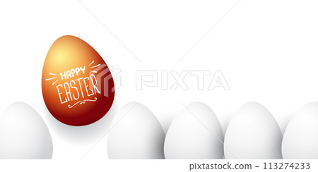 Happy easter horizontal banner with colorful golden egg and white eggs flat lay on white transparent background. Vector Happy easter creative concept illustration 113274233