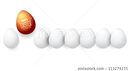Happy easter horizontal banner with colorful golden egg and white eggs flat lay on white transparent background. Vector Happy easter creative concept illustration 113274235