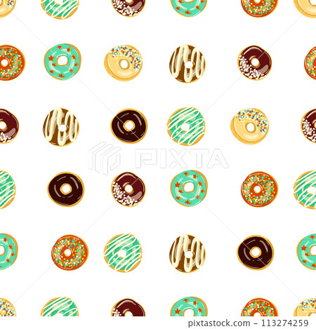 Seamless donut pattern on white background with various toppings 113274259