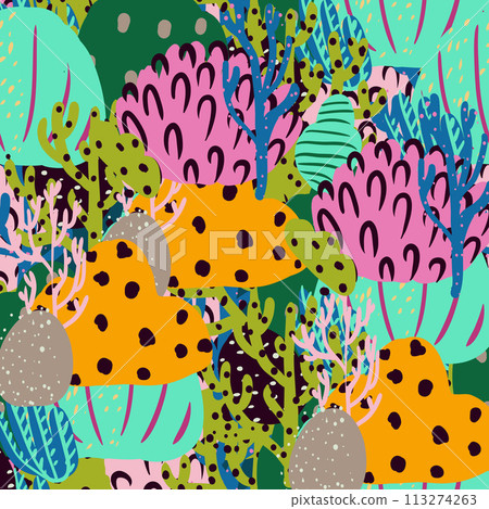 A seamless pattern of flat colorful corals. Vector print A seamless pattern of flat colorful corals. Vector print 113274263