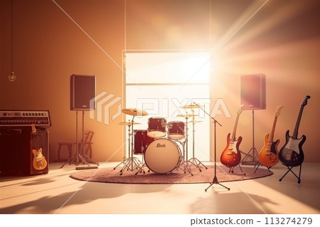 A Membranophone drum set and a guitar are in the room A Membranophone drum set and a guitar are in the room 113274279