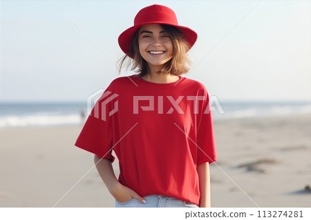 A woman in red tshirt and jeans smiles on beach A woman in red tshirt and jeans smiles on beach 113274281