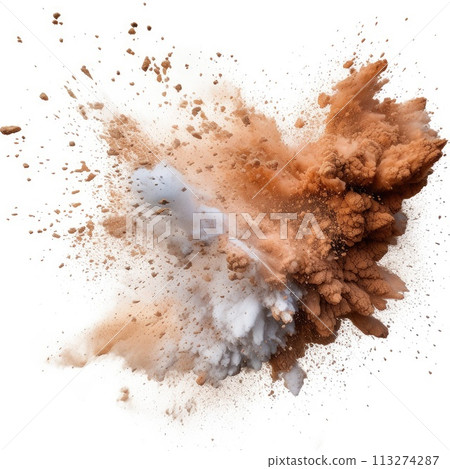 Powder explosion isolated on white background. Colored dust erupts Powder explosion isolated on white background. Colored dust erupts 113274287