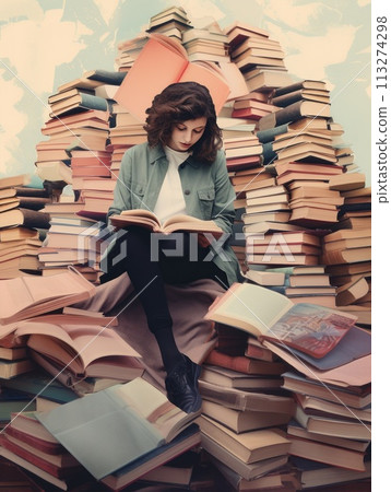 a woman is sitting on top of a pile of books reading a book a woman is sitting on top of a pile of books reading a book 113274298