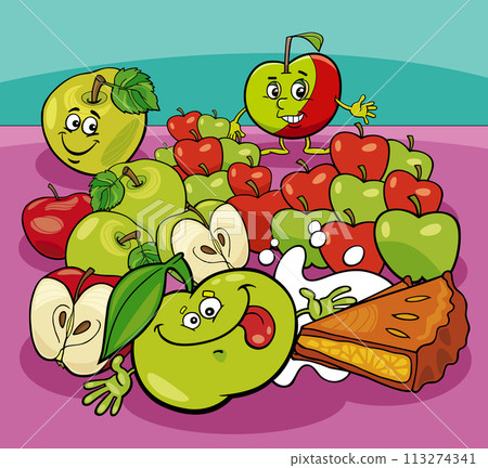 cartoon green and red apples and apple pie and milk 113274341
