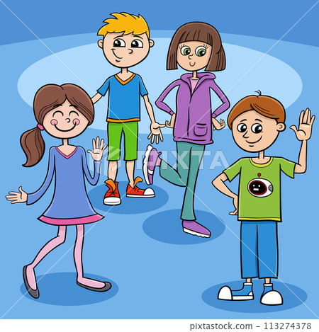 happy cartoon children or teenagers characters group happy cartoon children or teenagers characters group 113274378