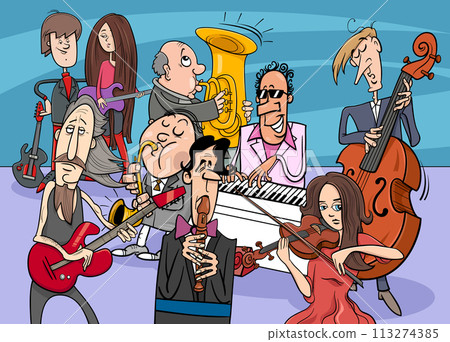 cartoon musicians group or musical band with comic characters cartoon musicians group or musical band with comic characters 113274385