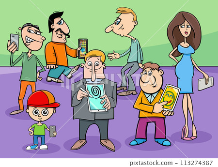 cartoon people with smart phones or electronic devices 113274387