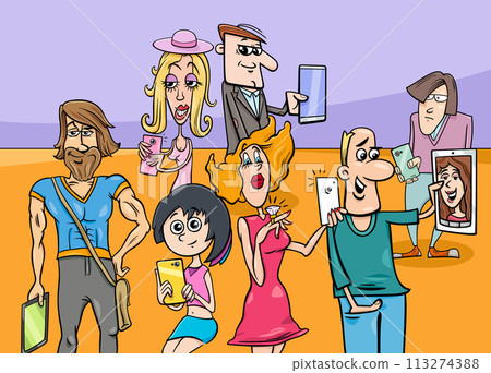cartoon people with smart phones and digital tablets cartoon people with smart phones and digital tablets 113274388