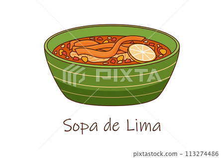 Vector illustration of Mexican soup Sopa de Lima, Tortilla soup bowl Vector illustration of Mexican soup Sopa de Lima, Tortilla soup bowl 113274486