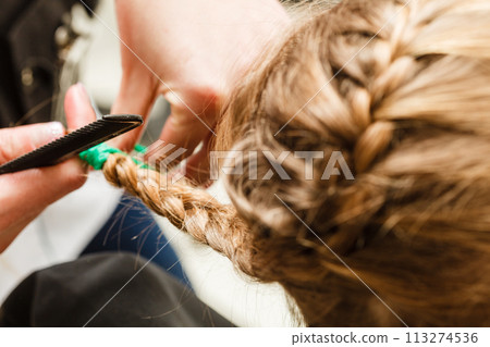 Blonde toddler girl getting her hairstyle done 113274536