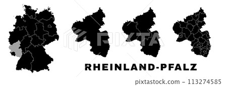 Rhineland-Palatinate map, German state. Germany administrative regions and boroughs, amt, municipalities. Rhineland-Palatinate map, German state. Germany administrative regions and boroughs, amt, municipalities. 113274585