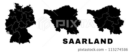 Saarland map, German state. Germany administrative regions and boroughs, amt, municipalities. Saarland map, German state. Germany administrative regions and boroughs, amt, municipalities. 113274586