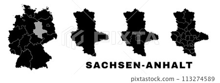 Saxony-Anhalt map, German state. Germany administrative regions and boroughs, amt, municipalities. 113274589