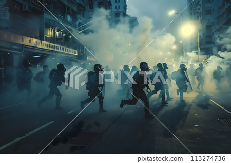 Police unit advancing through smoke during urban disturbance 113274736