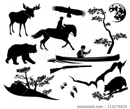 black vector silhouette set of man exploring wild nature and animals 113274824