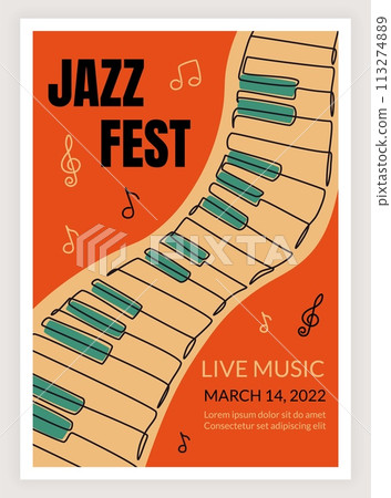 Jazz band fest poster. Live music concert. Musical festival. Synthesizer keyboard and notes. Club performance flyer. Musicians orchestra. Party invitation. Line drawing. Vector retro design banner 113274889