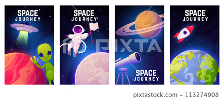 Spaceship rocket, space posters. Alien and cosmonaut cartoon style drawing, cute astronaut. Collection computer cosmic, funny galaxy game cover. Glow missile, poster UFO. Vector illustration set Spaceship rocket, space posters. Alien and cosmonaut cartoon style drawing, cute astronaut. Collection computer cosmic, funny galaxy game cover. Glow missile, poster UFO. Vector illustration set 113274908