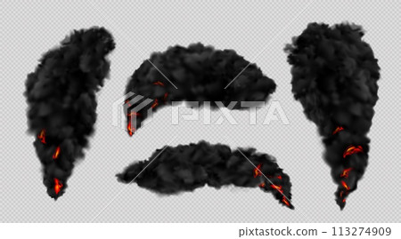 Smoke black, fire clouds. Explosion and factory trail dark, realistic sky isolated element. 3d dark burn gas, smog or fog, co2. Flame air magic. Chimney pollution. Vector light plant industry, ECO 113274909
