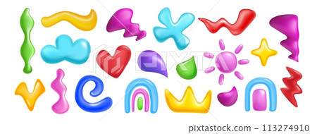 3d element shape. Colorful geometric forms for design. Kid collection, abstract color, flower, rainbow and splash render, liquid graphic doodle fluid, fun paint party gradient y2k. Vector background 113274910
