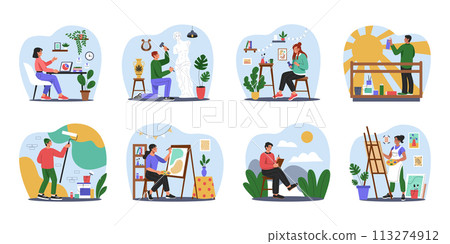 Hobby artist. Creative art job. People creating masterpieces. Culture activity. Artistic craft occupation. Painter with brush easel. Woman painting ceramics. Man sculpting statue. Vector artisans set 113274912