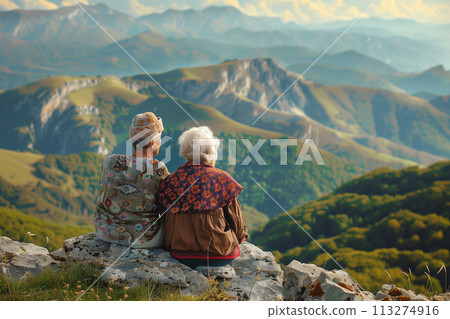 two elderly women sitting on a mountainside, back view of old ladies relaxing in the fresh air, family values concept, AI-generated item two elderly women sitting on a mountainside, back view of old ladies relaxing in the fresh air, family values concept, AI-generated item 113274916