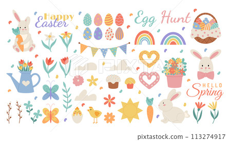 Cute spring garden. Easter holiday. Cartoon animal. Bird and rabbit. Springtime flower. Meadow butterfly. Chicken eggs in basket. Party balloons and flags. Modern floral elements. Vector garish set 113274917