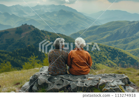 two elderly women sitting on a mountainside, back view of old ladies relaxing in the fresh air, family values concept two elderly women sitting on a mountainside, back view of old ladies relaxing in the fresh air, family values concept 113274918